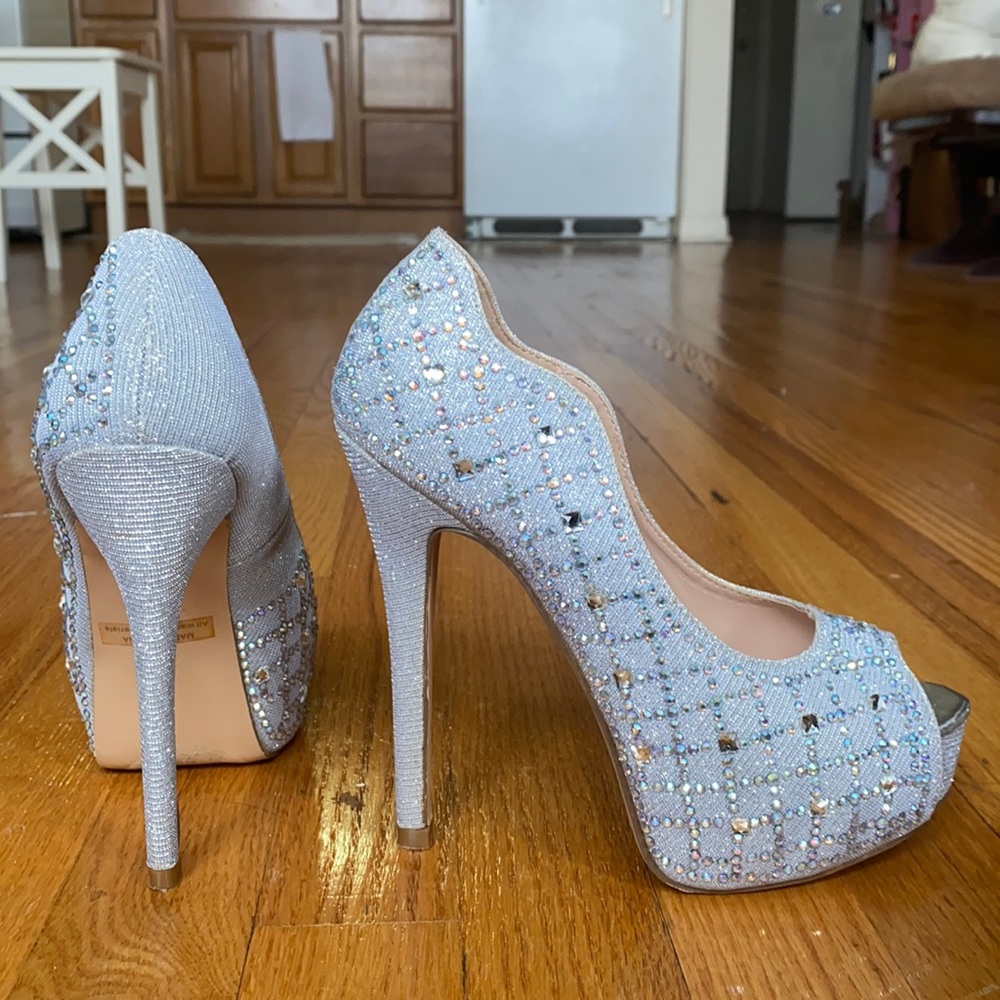 Silver open toe platform heels with rhinestones